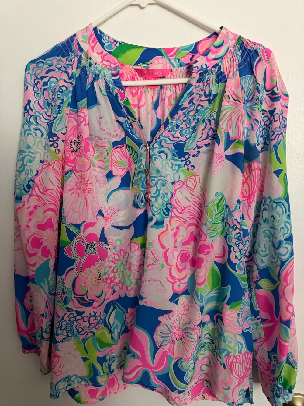 Lilly Pulitzer Floral Peasant Blouse in Blue, Pink & Green